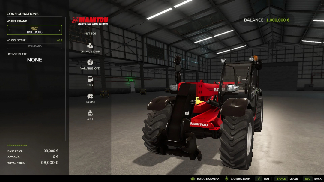 Manitou MLT 629 mod in Farming Simulator 25, showcasing configurations and stats.