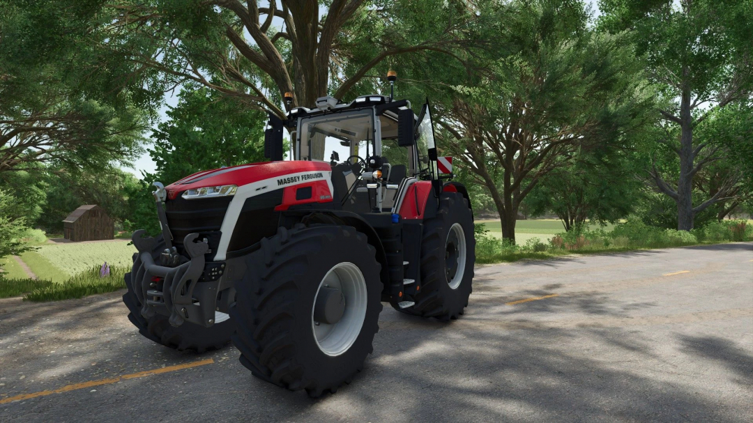 Massey Ferguson 9S tractor mod in Farming Simulator 25, depicted on a country road with lush greenery. FS25 mods enhance gameplay visuals.