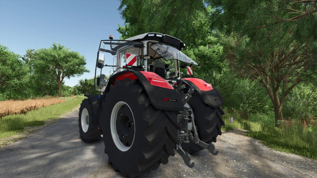 Massey Ferguson 9S tractor mod in FS25 game, displayed on a scenic rural path.