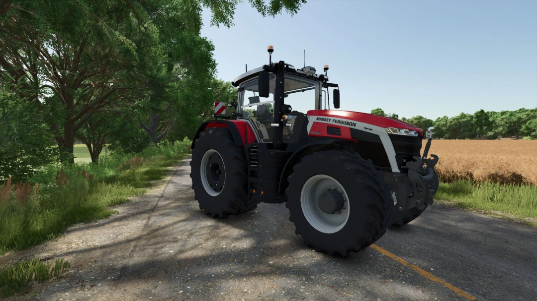 Massey Ferguson 9S Edit mod for Farming Simulator 25 on a rural path, featuring fields and trees.