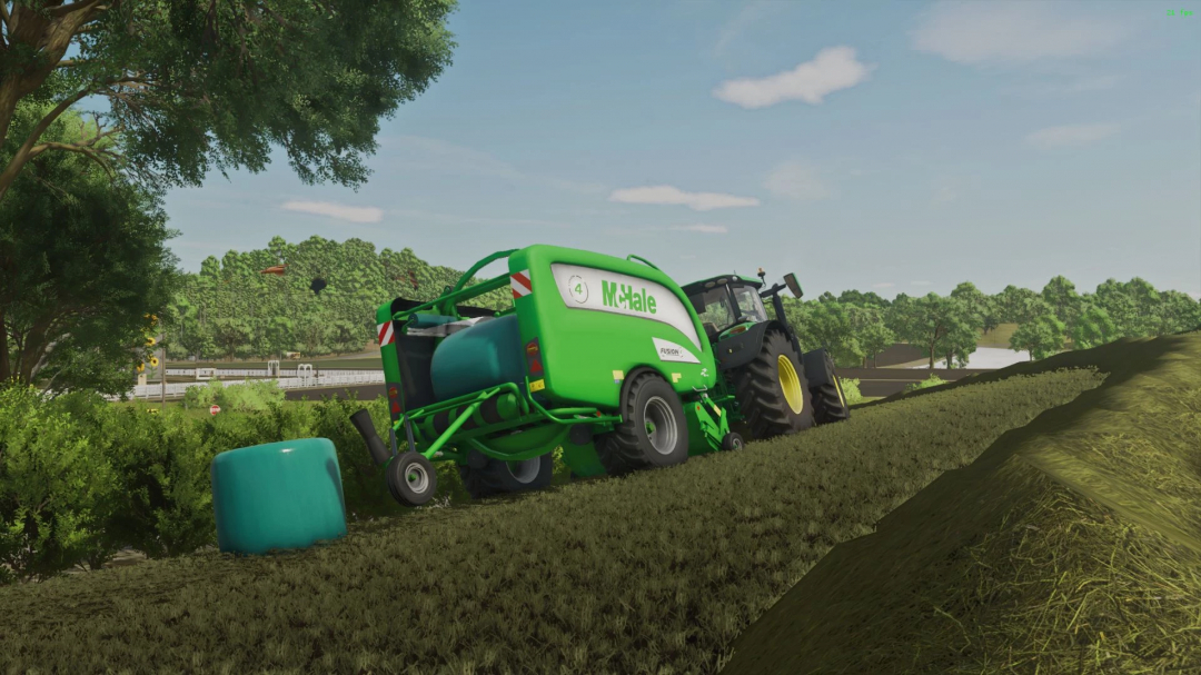 FS25 mod McHale Fusion 4 v1.0.0.0 baler on farmland, creating wrapped bales in Farming Simulator 25.