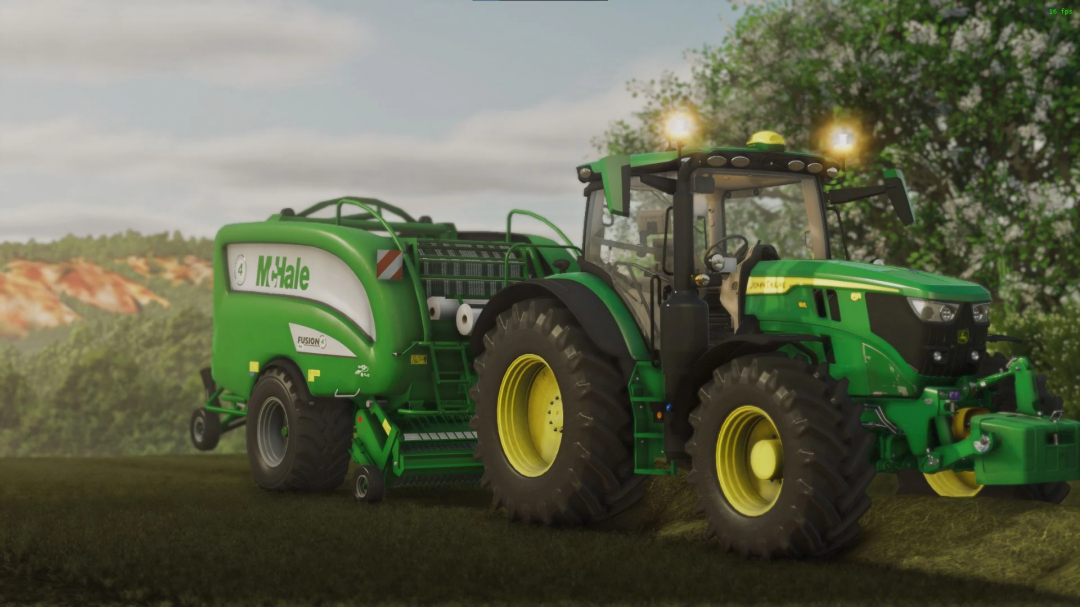 FS25 mod McHale Fusion 4 v1.0.0.0 featuring a green baler attached to a tractor in Farming Simulator 25.