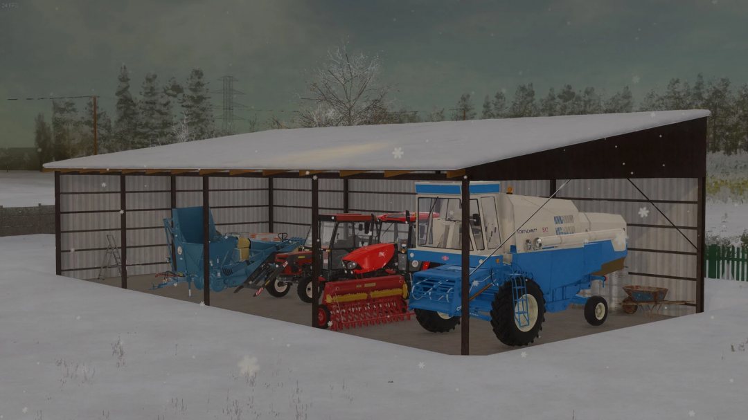 FS22 Medium Shed mod with agricultural machinery stored inside, covered in snow.