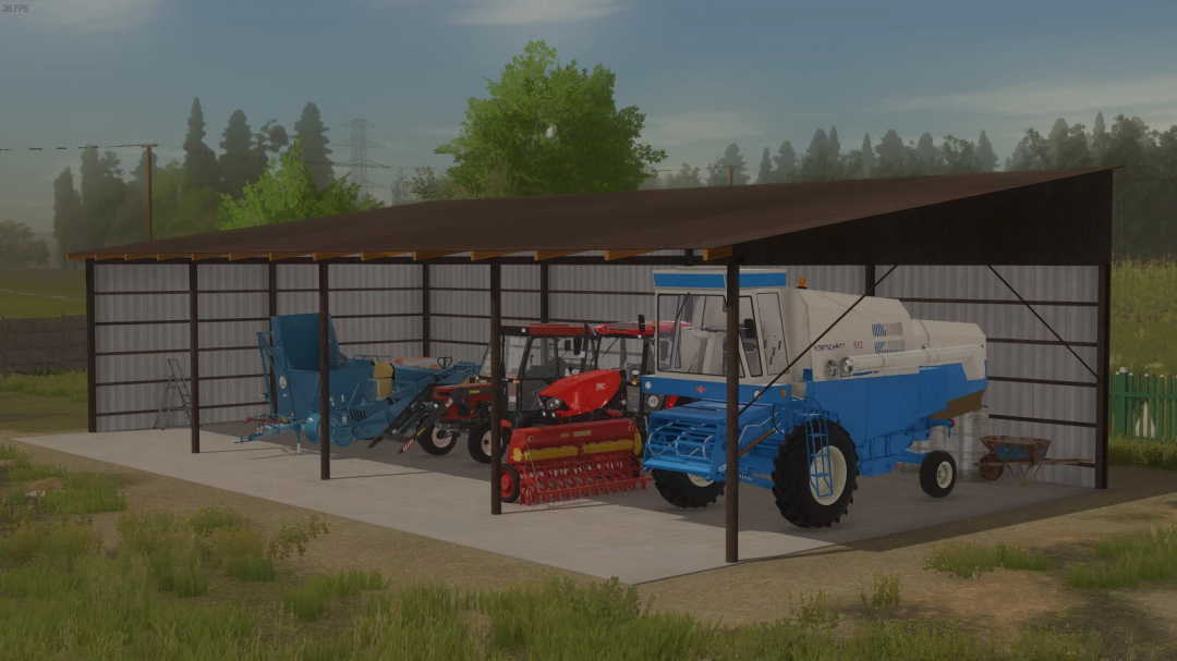 FS22 mods Medium Shed v1.0.0.0 showcases farm machinery storage, including tractors and equipment, in Farming Simulator 22.