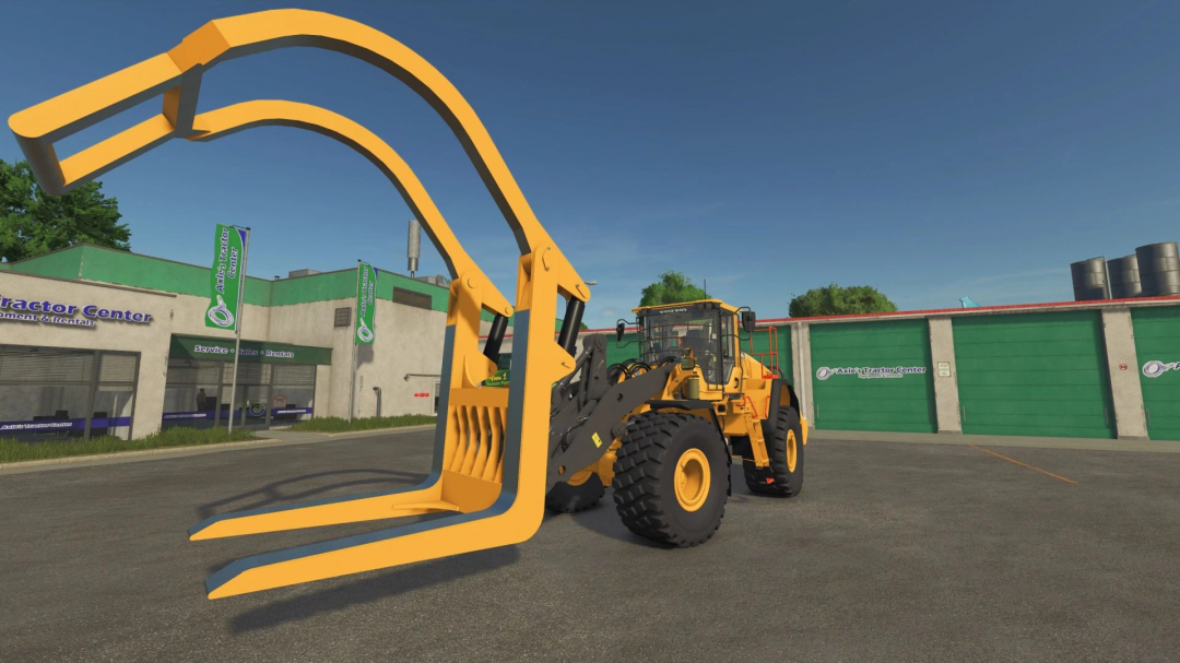 FS25 mod: Millyard Grapple on Edited Volvo l180H at a tractor center.