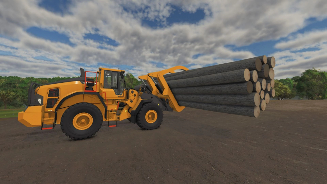 FS25 mod image of Edited Volvo l180H with Millyard Grapple lifting logs.