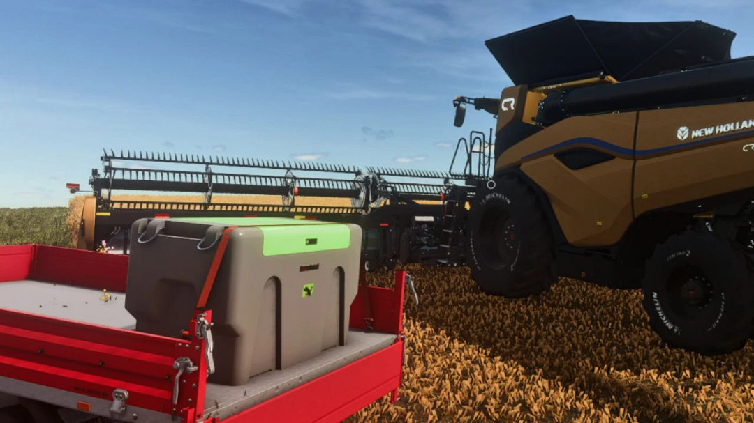 Mobile fuel tank mod in use alongside a harvester in FS25.