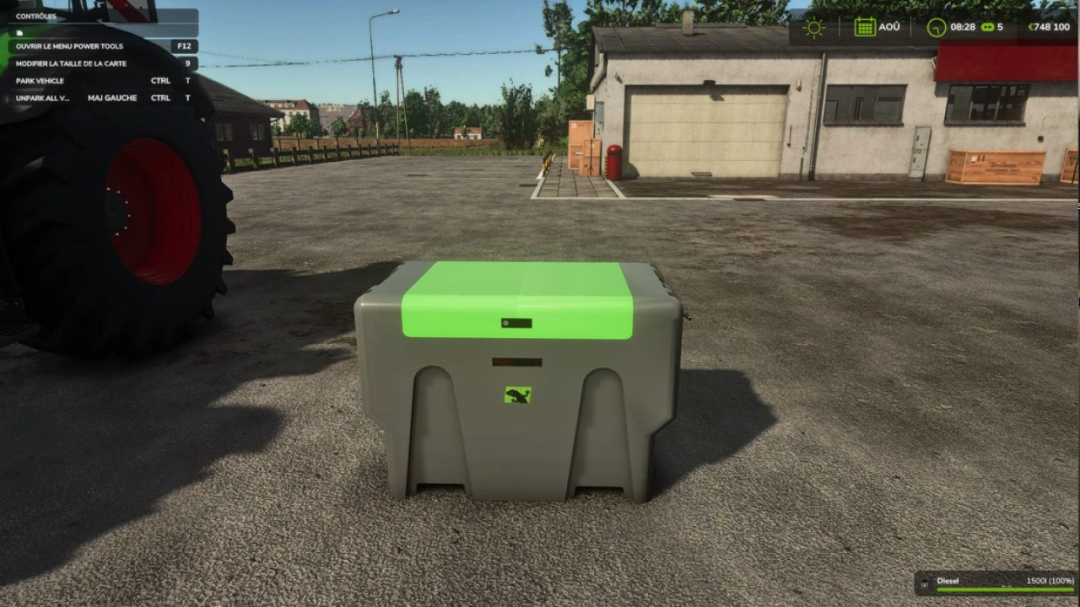 Mobile fuel tank mod in Farming Simulator 25, version 1.0.0.1, on a farmyard.