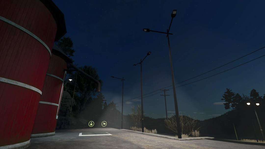 Modern Floor Lamp Pack night scene in FS25, featuring tall street lights and a red silo.