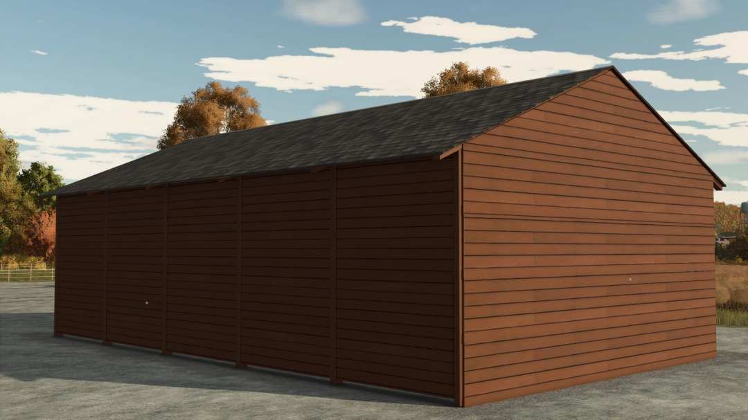 Modern Wooden Shed mod for FS25, showcasing a brown shed in a rural setting.