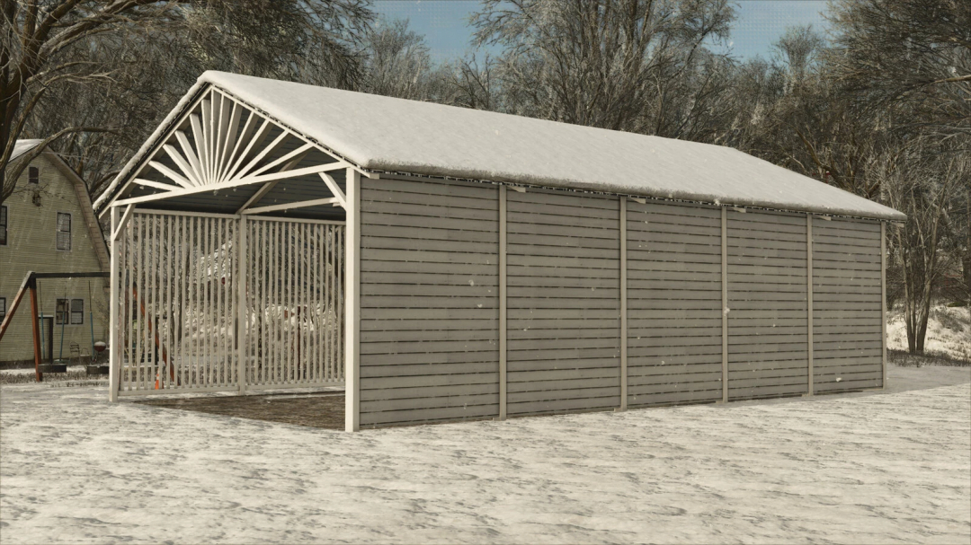 Modern wooden shed in FS25 mod, snowy landscape