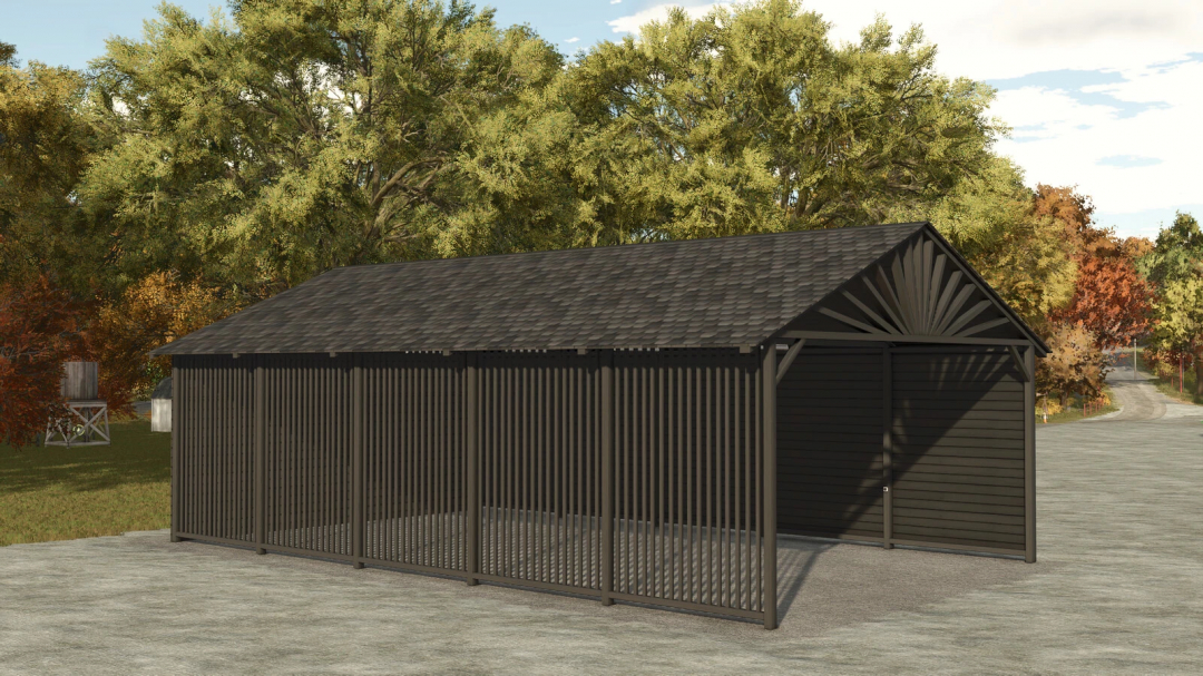 FS25 mods Modern Wooden Shed v1.0.0.0 in a scenic landscape.