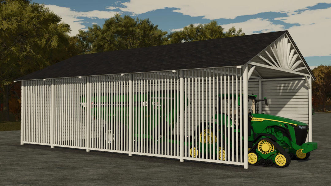 Modern Wooden Shed mod in FS25, featuring a green tractor inside with a slatted wooden exterior.