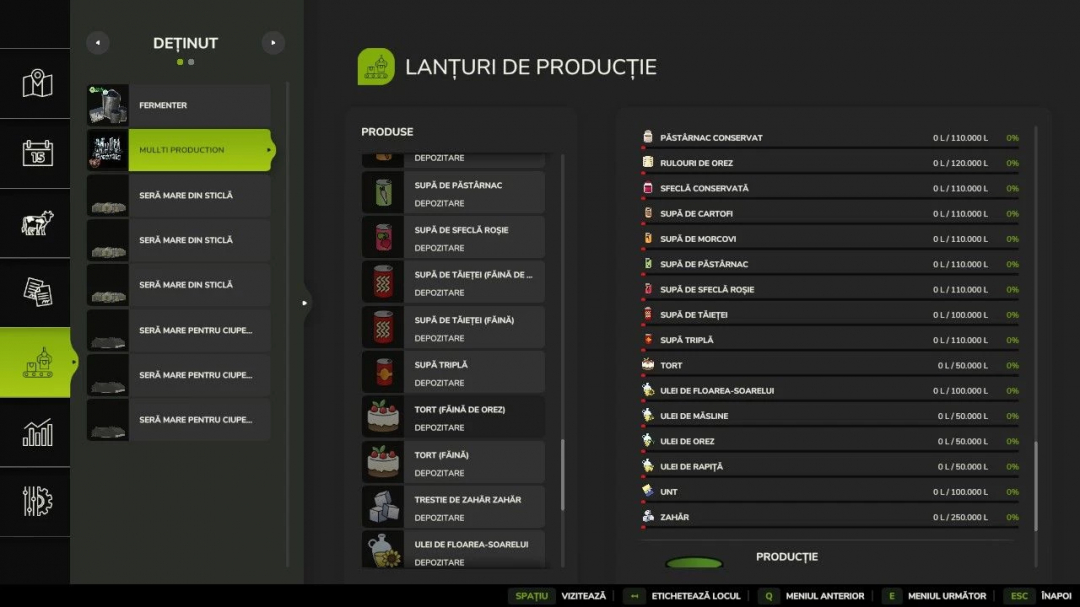 Screenshot of the Multi Production mod in Farming Simulator 25, showing production chains and item storage options.