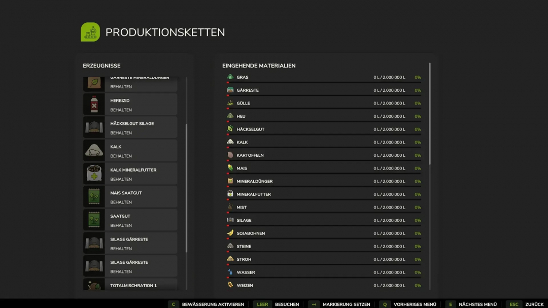 FS25 mod interface showing multisilo and production v1.0.0.0 with input materials and products.