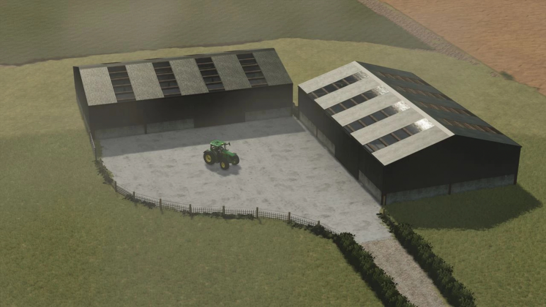 NI Farm Yard in FS25 mod features farm buildings and a tractor, showcasing Farming Simulator 25 mods.