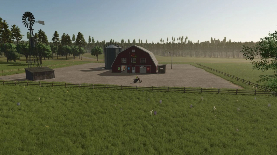 Scenic farm with red barn and silo in FS25 New Frontier Logging mod.