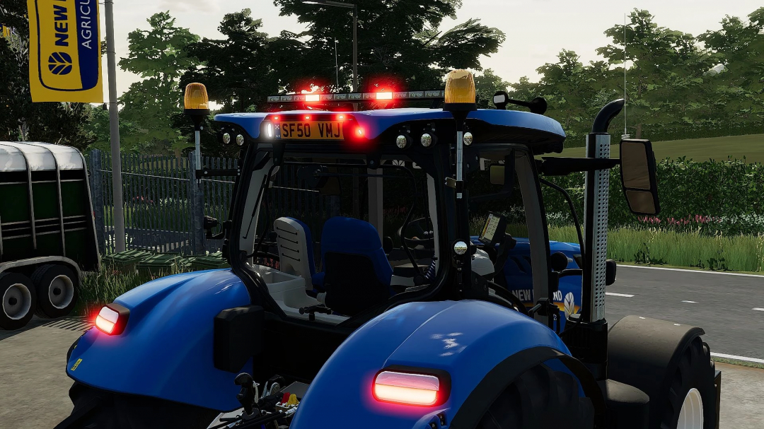 Close-up of a New Holland SWB tractor in FS22 mod, showcasing flashing lights and detailed design.