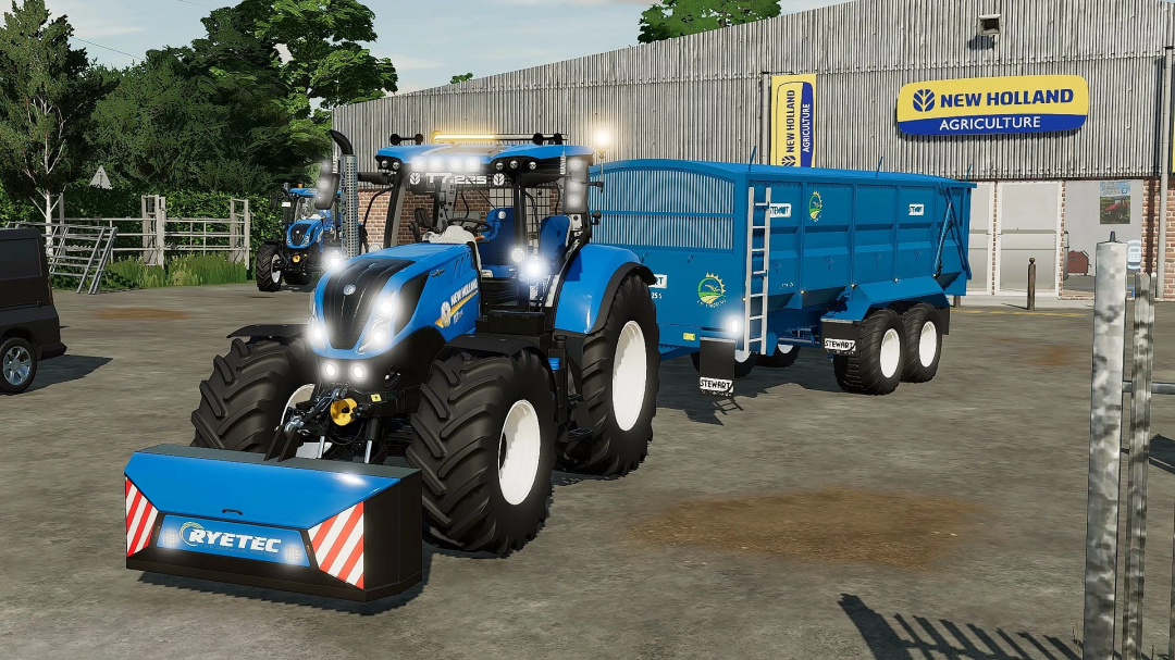 New Holland SWB Edit v1.0.0.0 mod for FS22, showcasing a blue tractor with a trailer in front of a New Holland building.