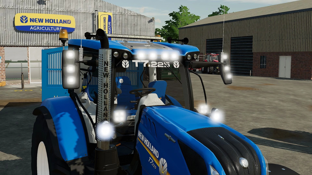 New Holland SWB Edit v1.0.0.0 mod for FS22, featuring a blue tractor in front of a New Holland agriculture building.