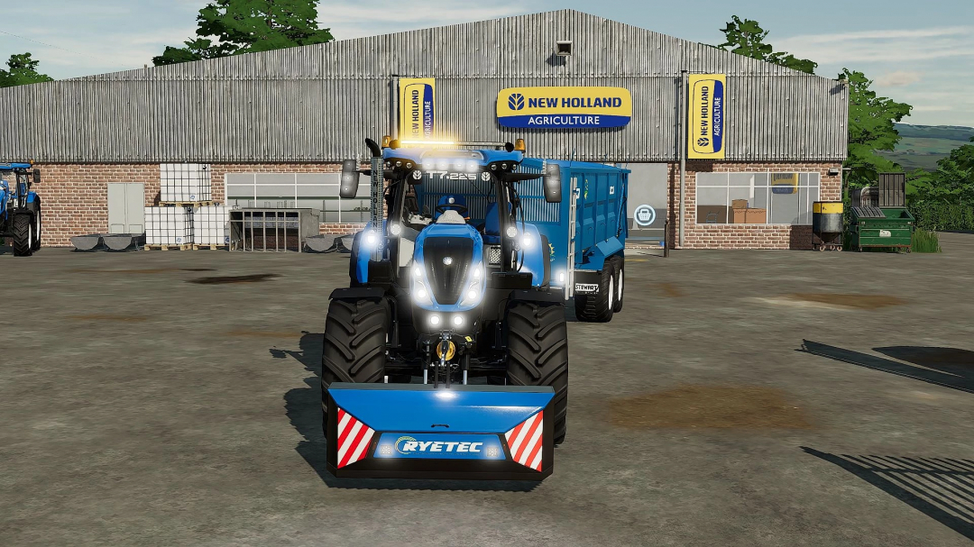 FS22 mod New Holland SWB Edit v1.0.0.0 showing a blue tractor with loader in front of New Holland Agriculture building.