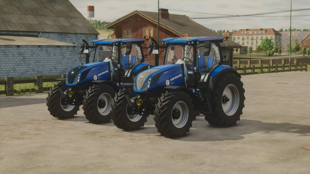 Two New Holland T6 tractors in FS25 mod standing next to a barn.