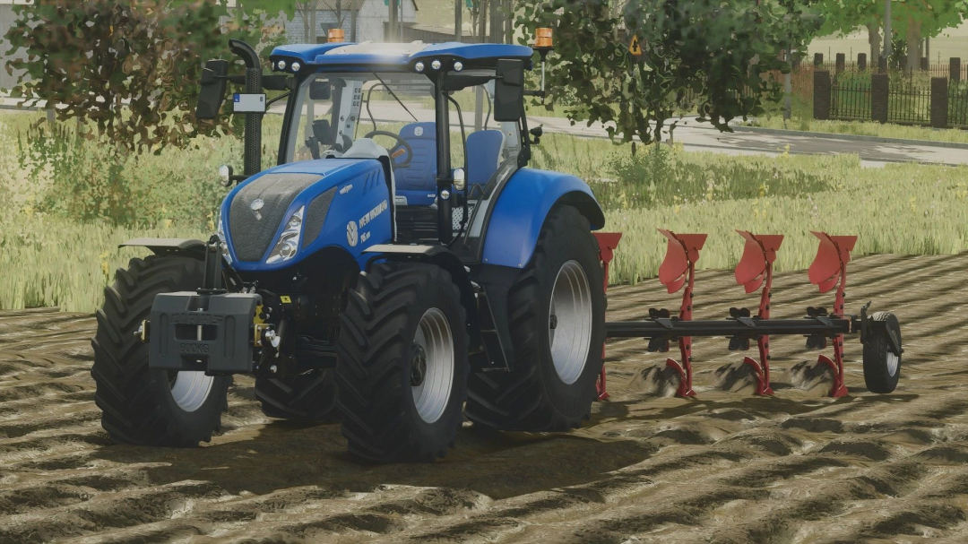 New Holland T6 tractor in FS25 mod with plow on farmland