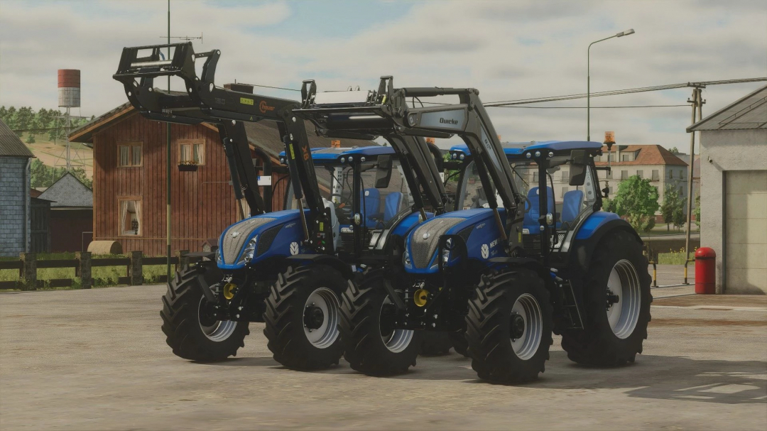 New Holland T6 tractors in Farming Simulator 25 mods with front loaders in a rural setting.