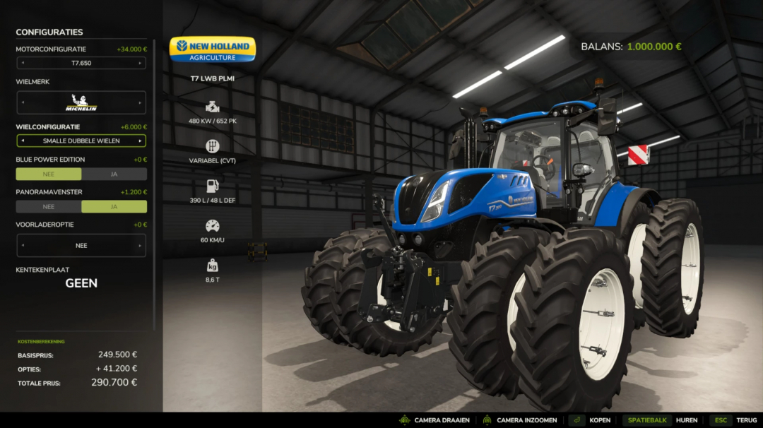 FS25 mod: New Holland T7 with more horsepower displayed in a virtual garage.