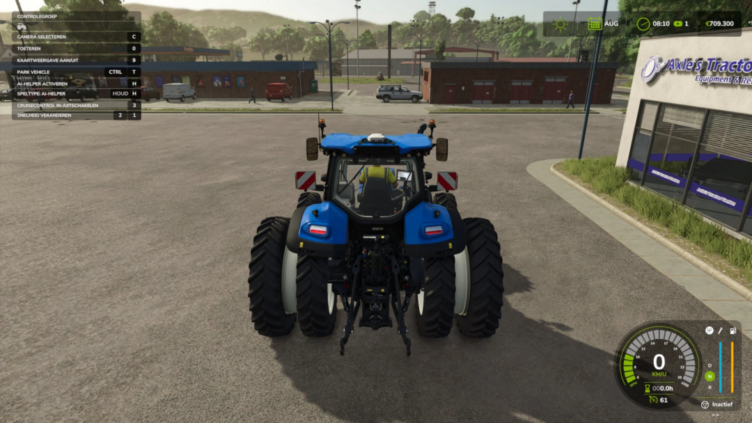 FS25 mod: Rear view of New Holland T7 tractor with enhanced horsepower parked in town plaza.