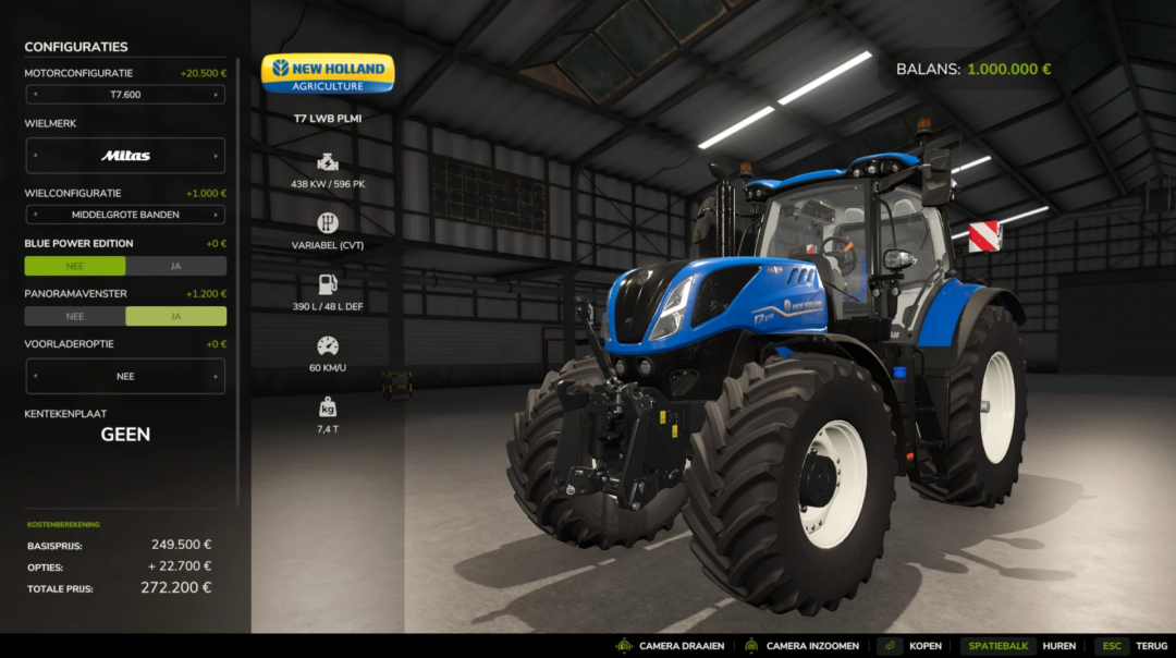 FS25 mod showcasing New Holland T7 with enhanced horsepower in a virtual garage setting.