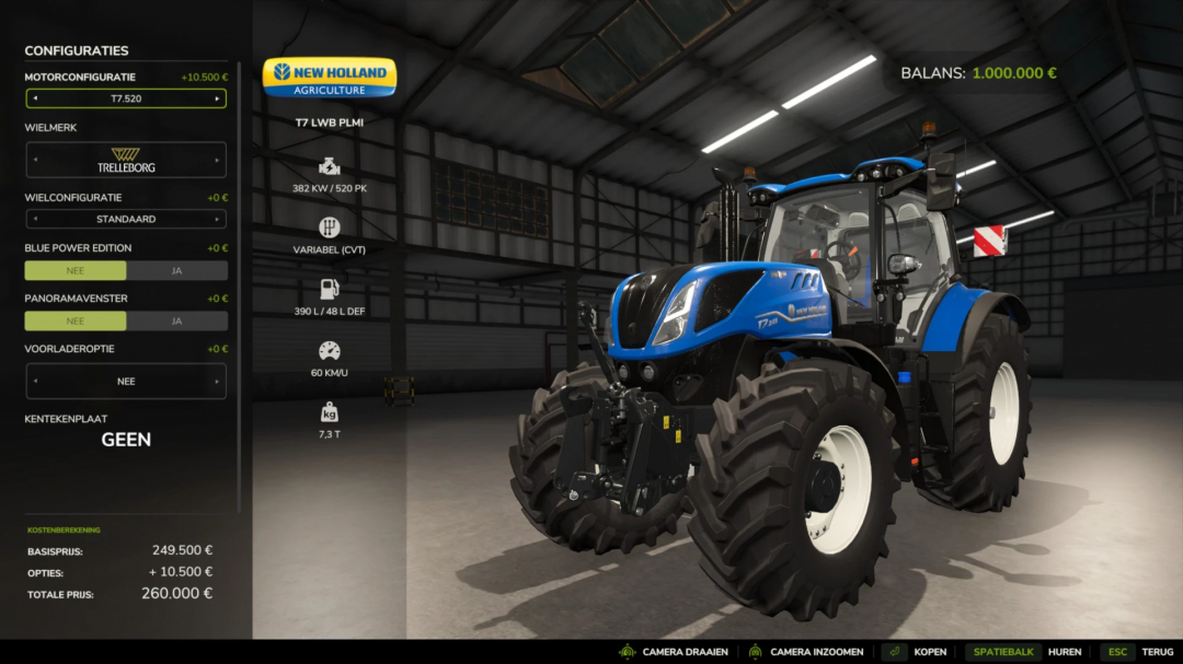 FS25 mod New Holland T7 in garage, featuring more horsepower and customization options.