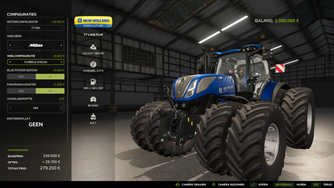 FS25 mod featuring New Holland T7 tractor with double wheels in a virtual garage, showcasing customization options and pricing.