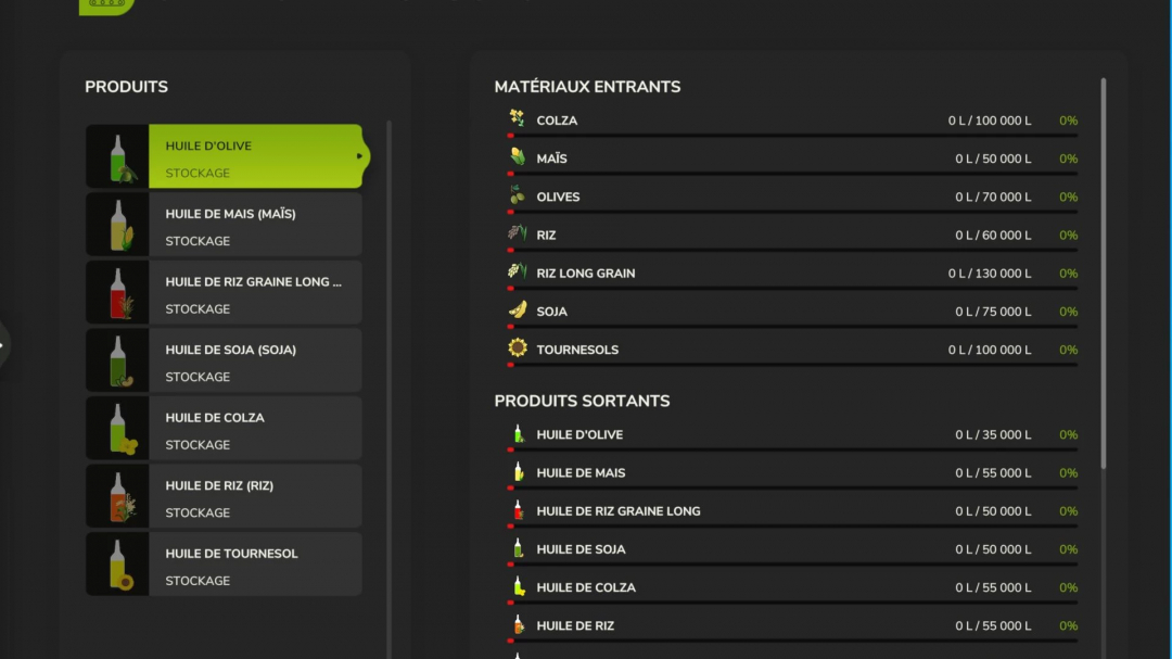 FS25 mod menu showing oil factory inputs and outputs like olive and maize oils.