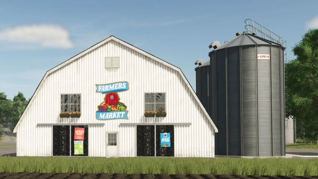 FS25 mods Oil factory and store v1.0.0.0 featuring a farmer's market and grain silo.