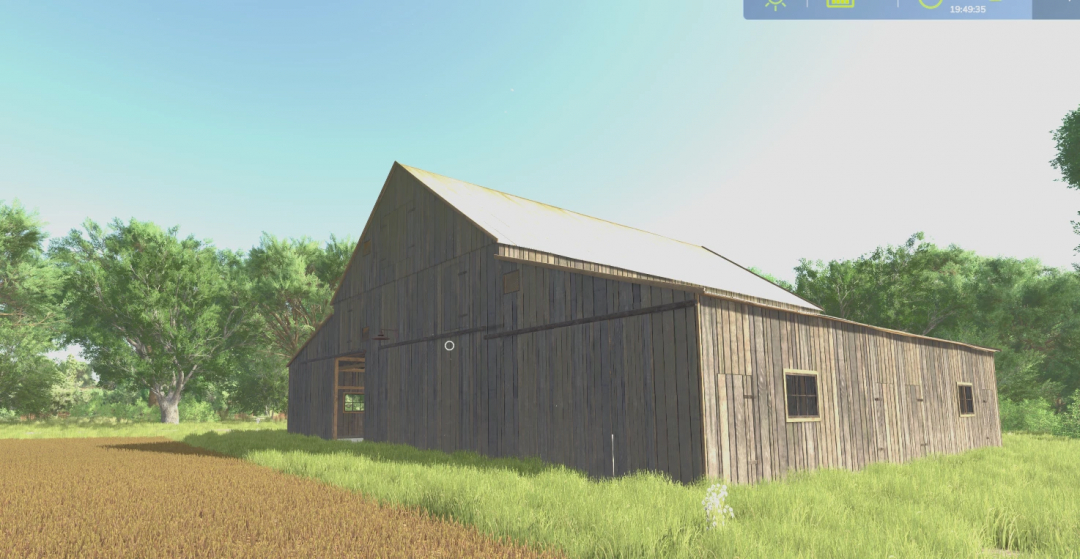 FS25 mod Old Barn and ruin from FS22 V1.0.0.0, wooden barn surrounded by grass and trees