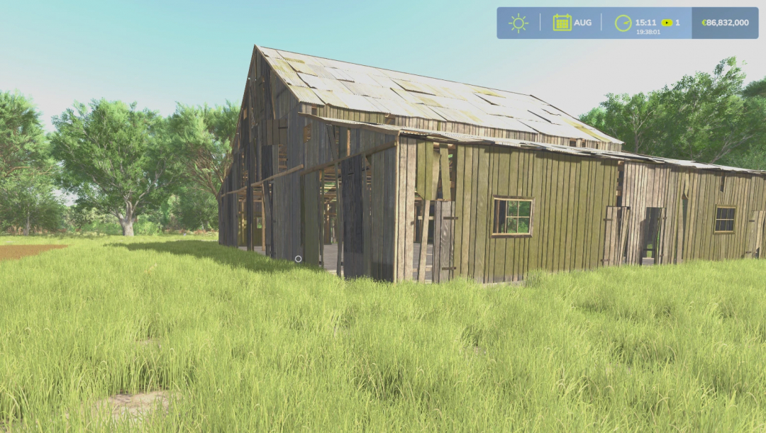 Old barn mod from FS22 in FS25, set in a grassy field with trees, showcasing detailed textures and lighting.