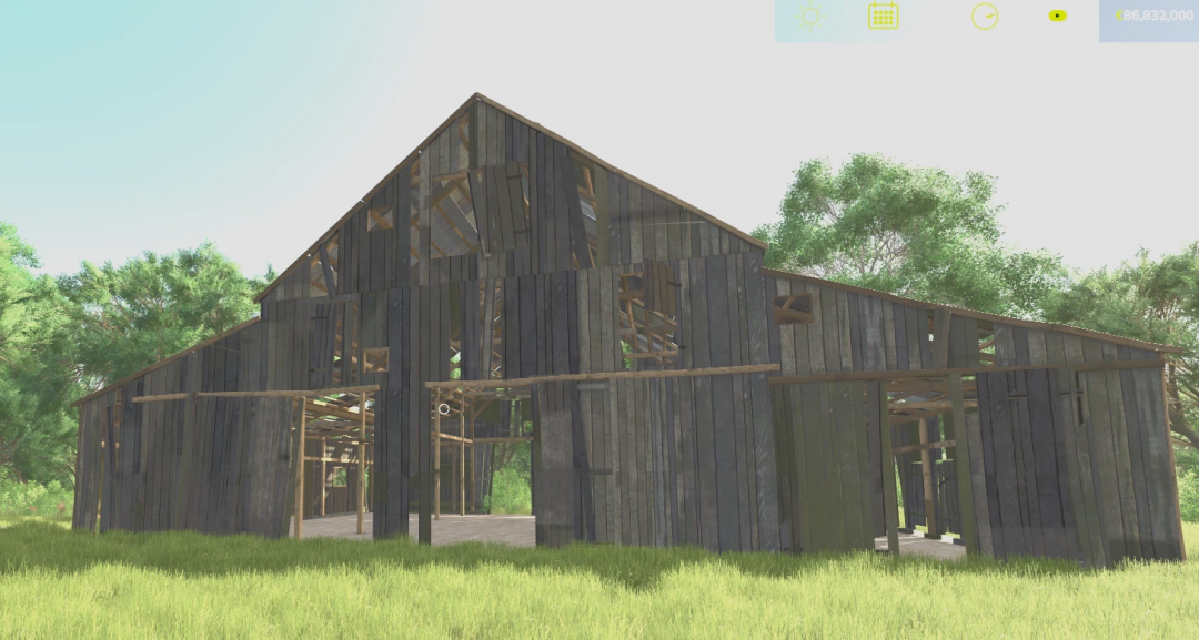 Old barn mod in FS25 with rustic wooden structure in grassy field