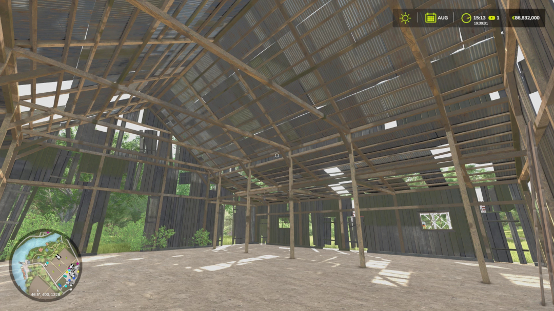 Interior view of an old barn ruin mod for Farming Simulator 25, featuring wooden beams and rusty roof panels.