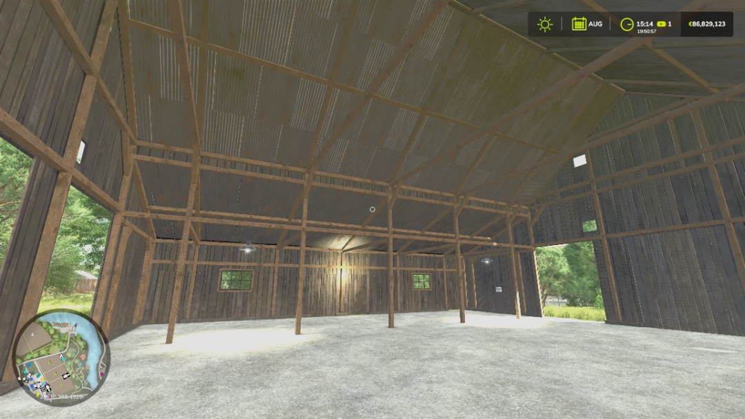 Interior of old barn mod from FS22 V1.0.0.0 for Farming Simulator 25, showcasing wooden beams and metal roof structure.