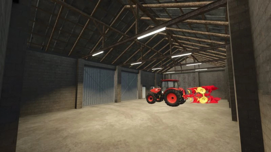 FS25 mods, Old Grain SM Warehouse v1.0.0.0 with red tractor in a spacious interior, showcasing Farming Simulator 25 features.