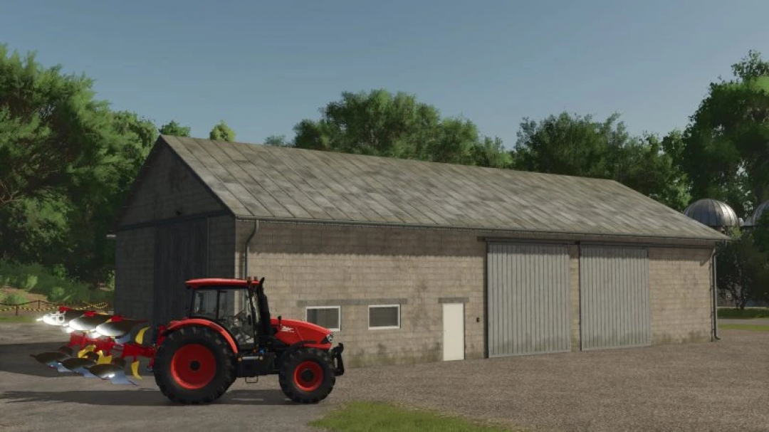 Old Grain SM Warehouse mod for FS25 featuring a brick building and tractor, ideal for enhancing Farming Simulator 25 gameplay.