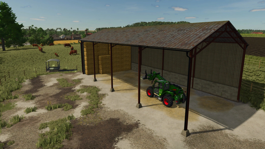 Old Storage Shed mod in FS25 with hay bales and a green tractor.