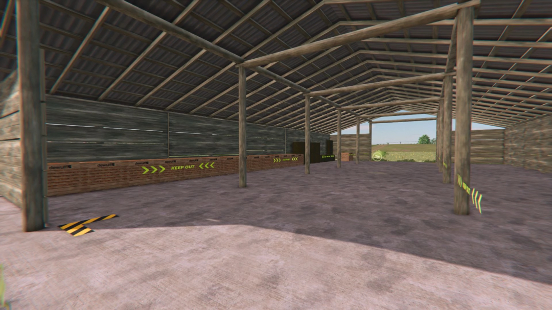 Image of Old Wooden Shed mod in Farming Simulator 25, showcasing an open interior with wooden beams and metal roofing.