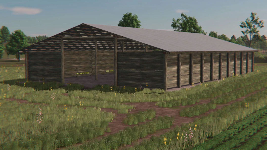 Old Wooden Shed mod in FS25, showcasing a rustic structure surrounded by grass and trees.