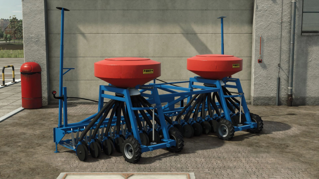 FS25 mod Olt Gama Pack v1.0.0.0 featuring a red and blue seed drill in Farming Simulator 25.