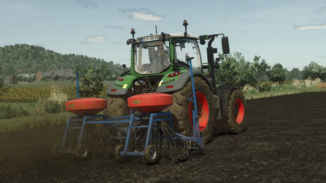 FS25 mods showcasing Olt Gama Pack v1.0.0.0 with a tractor and seeder on a field.