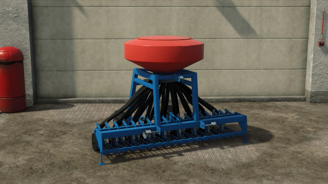 Olt Gama Pack v1.0.0.0 mod for FS25 features a red and blue agricultural machine against a concrete wall.