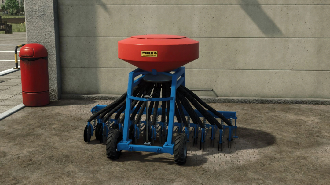 FS25 Olt Gama Pack v1.0.0.0 mod showcasing a red and blue agricultural seeder in Farming Simulator 25.