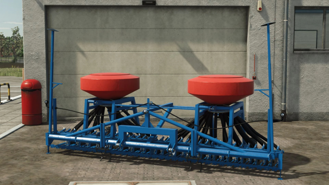 FS25 Olt Gama Pack v1.0.0.0 mod showcasing a red and blue farming implement outside a garage.